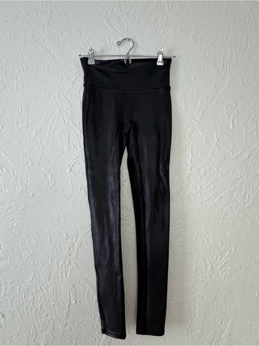 SPANX Black Faux Leather-Look Leggings with Red Tag